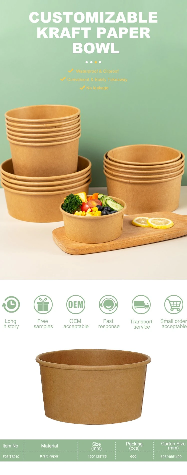 1000ml Wholesale Kraft Paper Bowl Food Boxes Takeaway Packaging