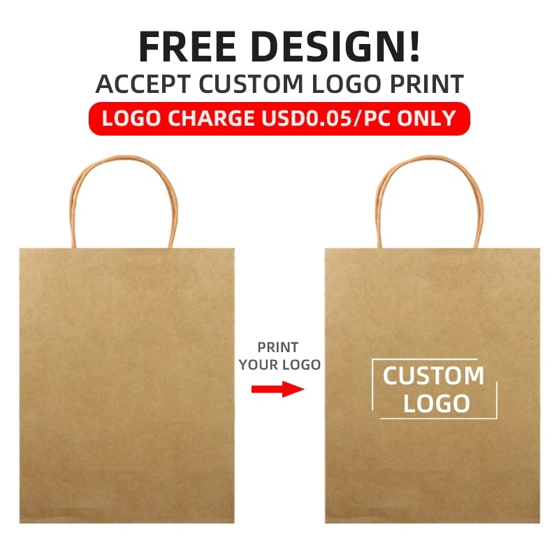 Custom Design Your Own Logo Flat Handle Restaurant Delivery Take out Packaging Carry Brown Kraft Takeaway Food Paper Bag