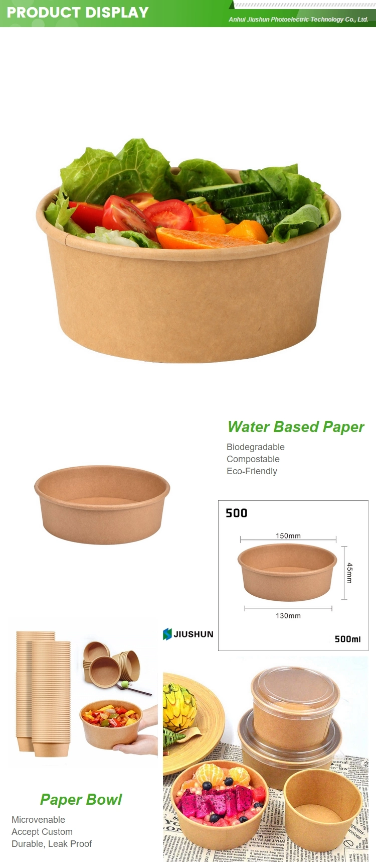 Biodegradable Salad Bowl Coated with PLA Lid Eco Friendly Disposable Kraft Paper Bowl