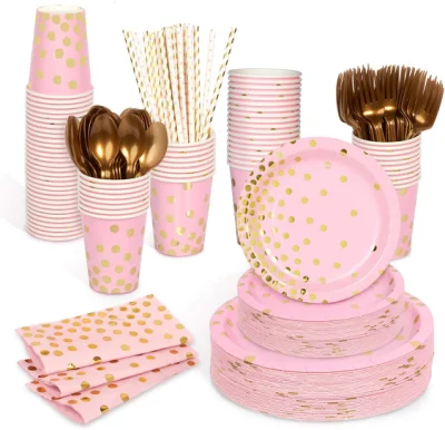 Розовые бумажные тарелки Decorlife на 50 человек, включая праздничные тарелки и трубочки для розовых и золотых принадлежностей для вечеринки по случаю дня рождения, всего 400 шт.